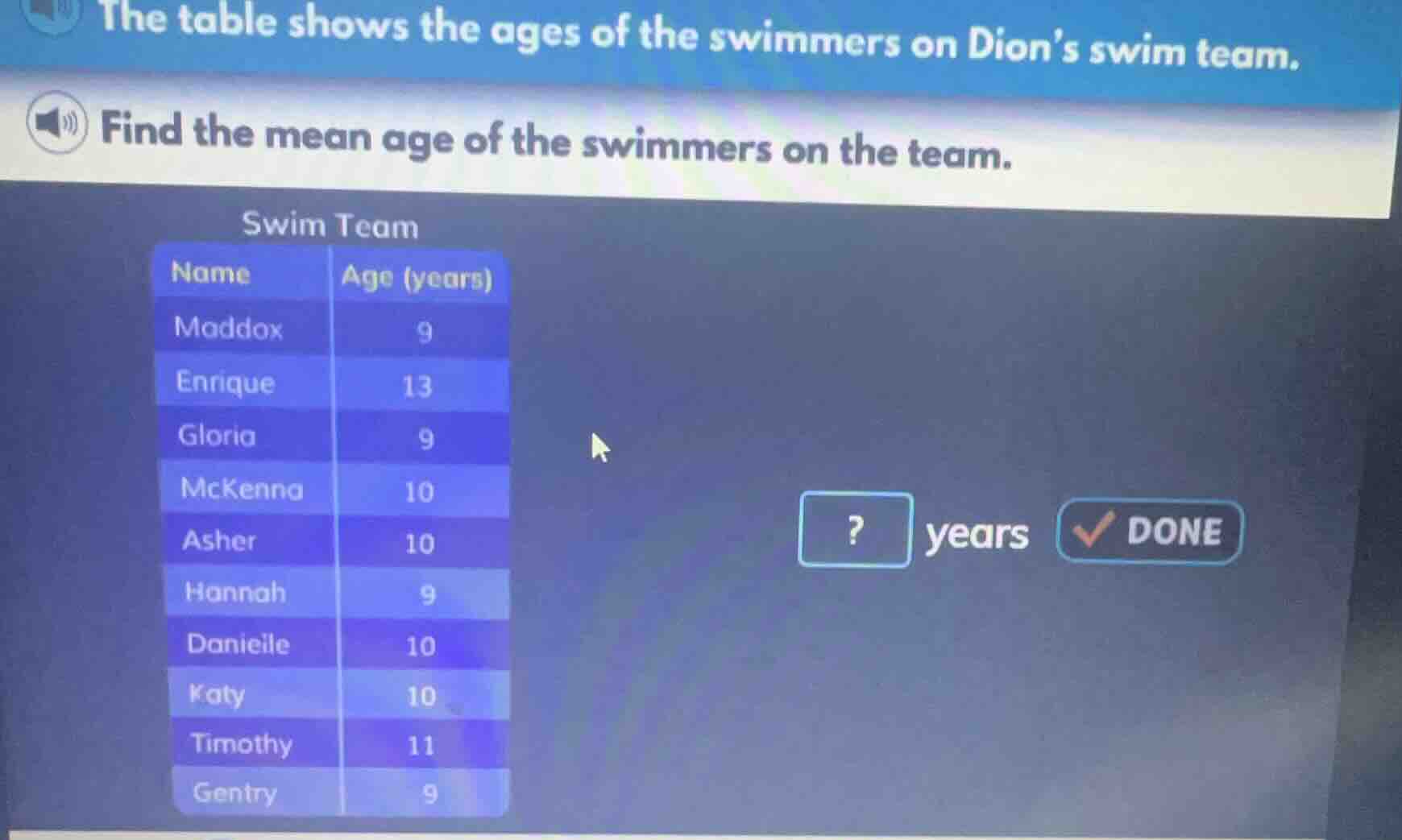 the table shows the ages of the swimmers on dions swim team. find the m…