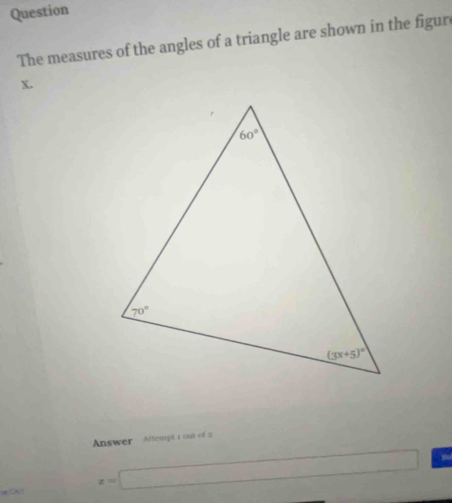 question the measures of the angles of a triangle are shown in the figu…