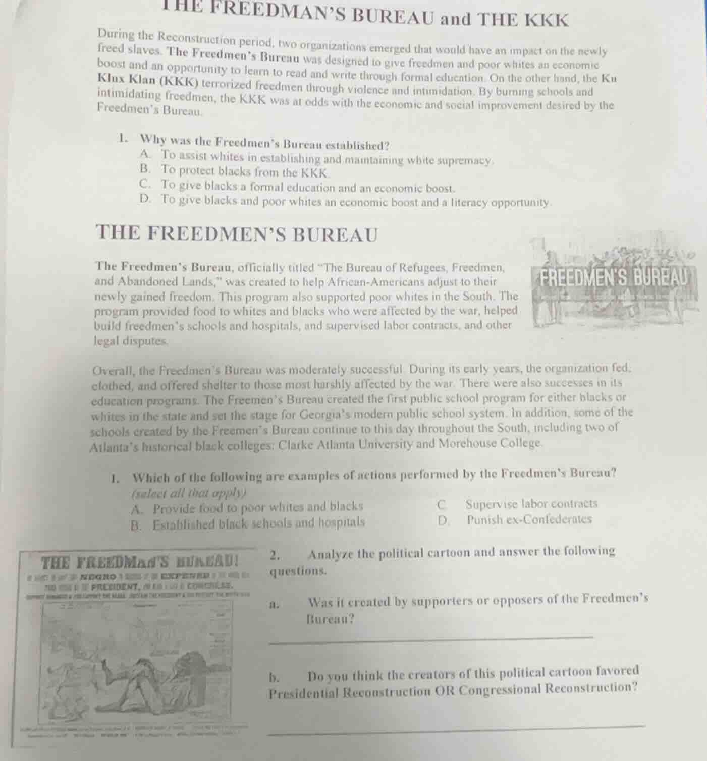 the freedmans bureau and the kkkduring the reconstruction period, two o…