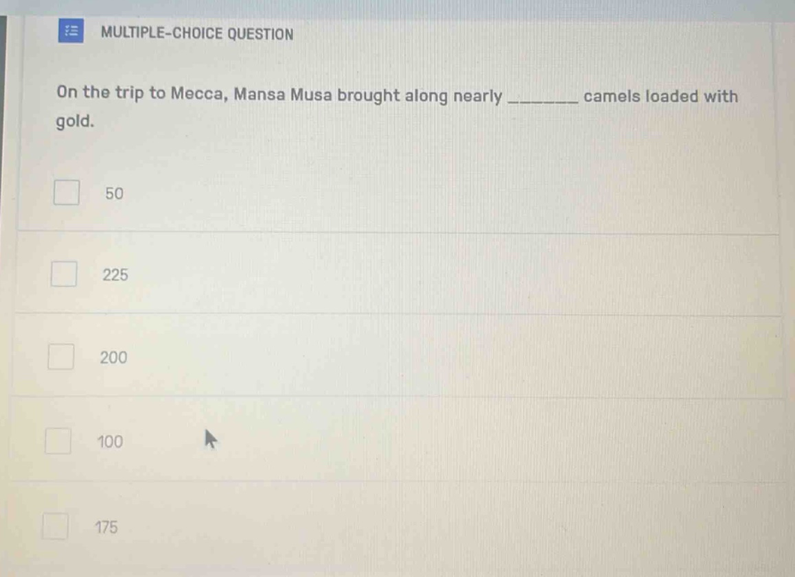 multiple-choice question on the trip to mecca, mansa musa brought along…
