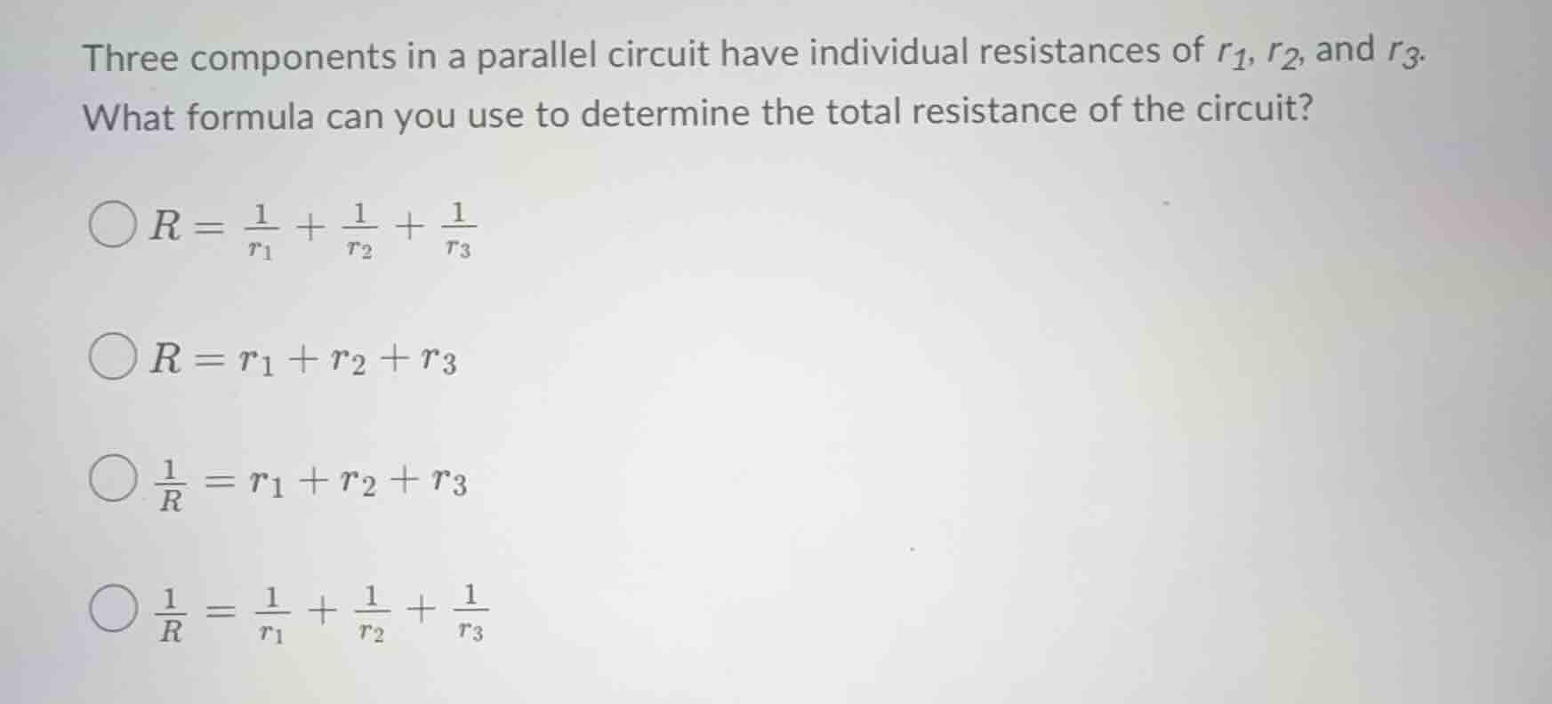 three components in a parallel circuit have individual resistances of $…