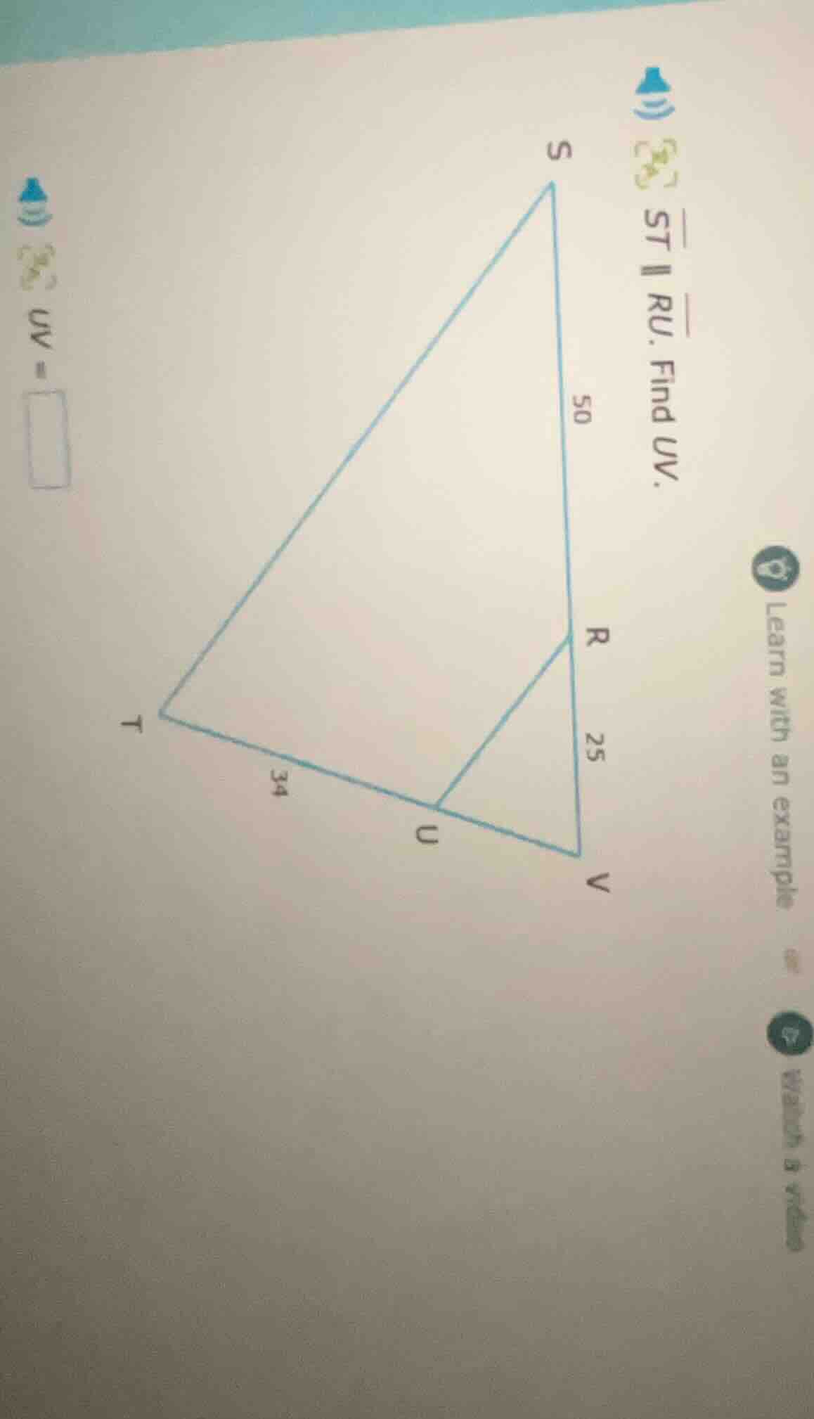 1) $overline{st} parallel overline{ru}$. find $uv$. $uv = \\square$