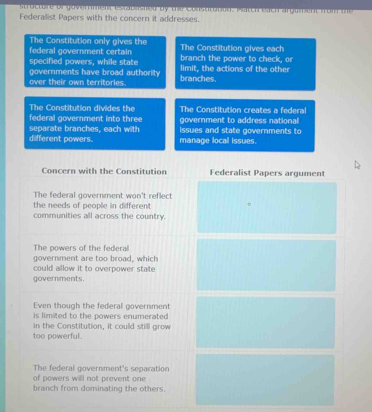 match each argument from the federalist papers with the concern it addr…