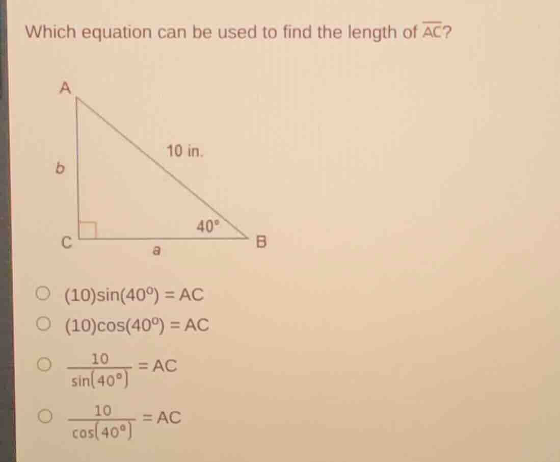 which equation can be used to find the length of $overline{ac}$? (10)$\…