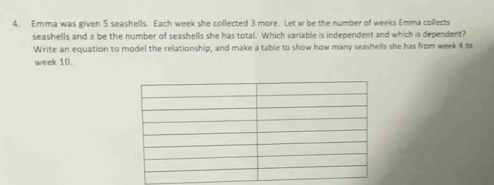 4. emma was given 5 seashells. each week she collected 3 more. let w be…
