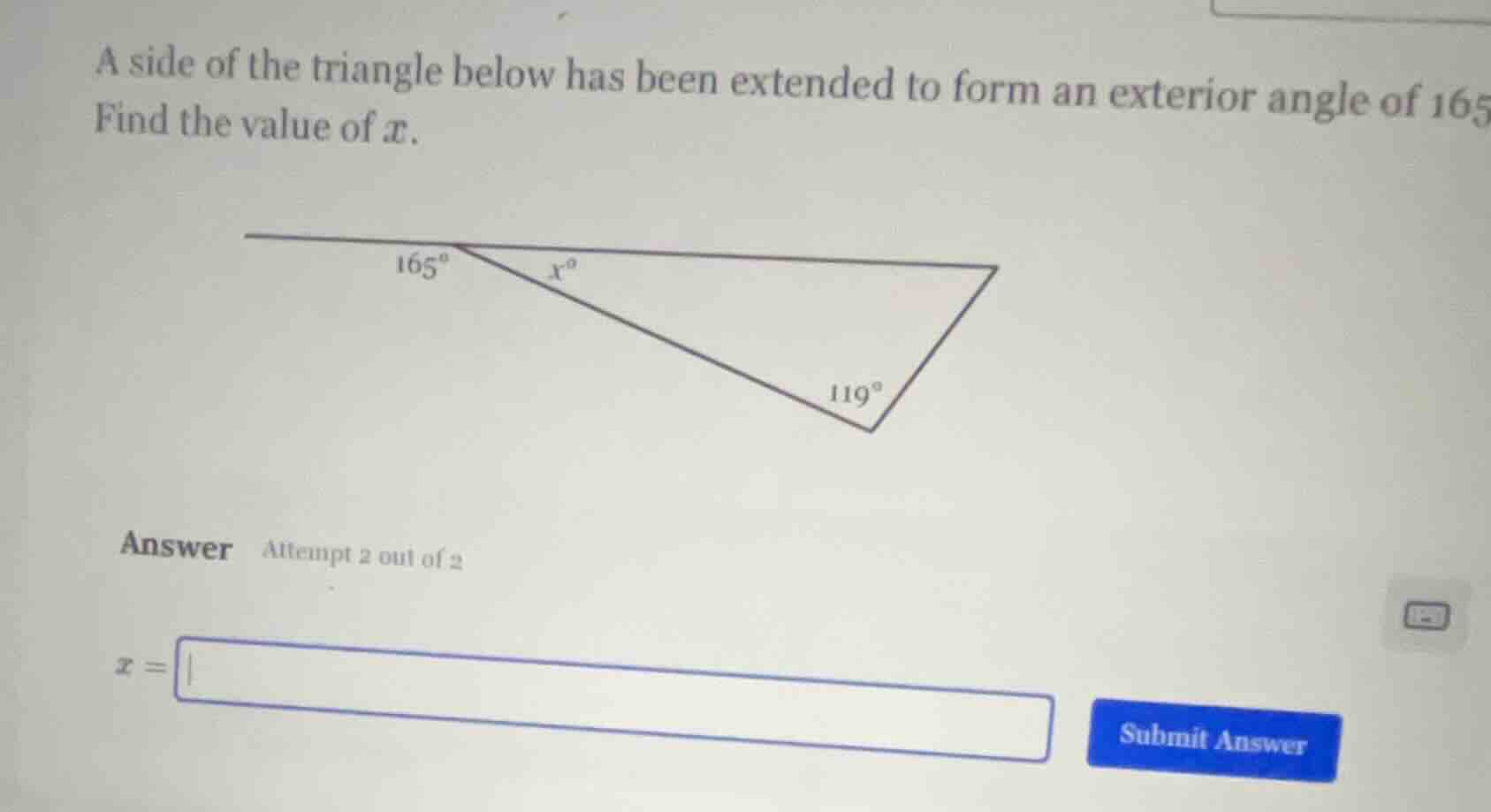 a side of the triangle below has been extended to form an exterior angl…