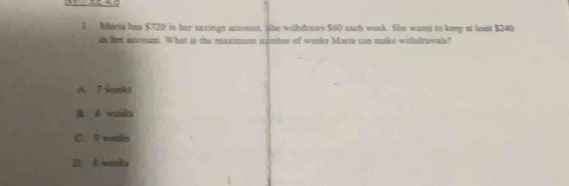 1. maria has $720 in her savings account. she withdraws $60 each week. …