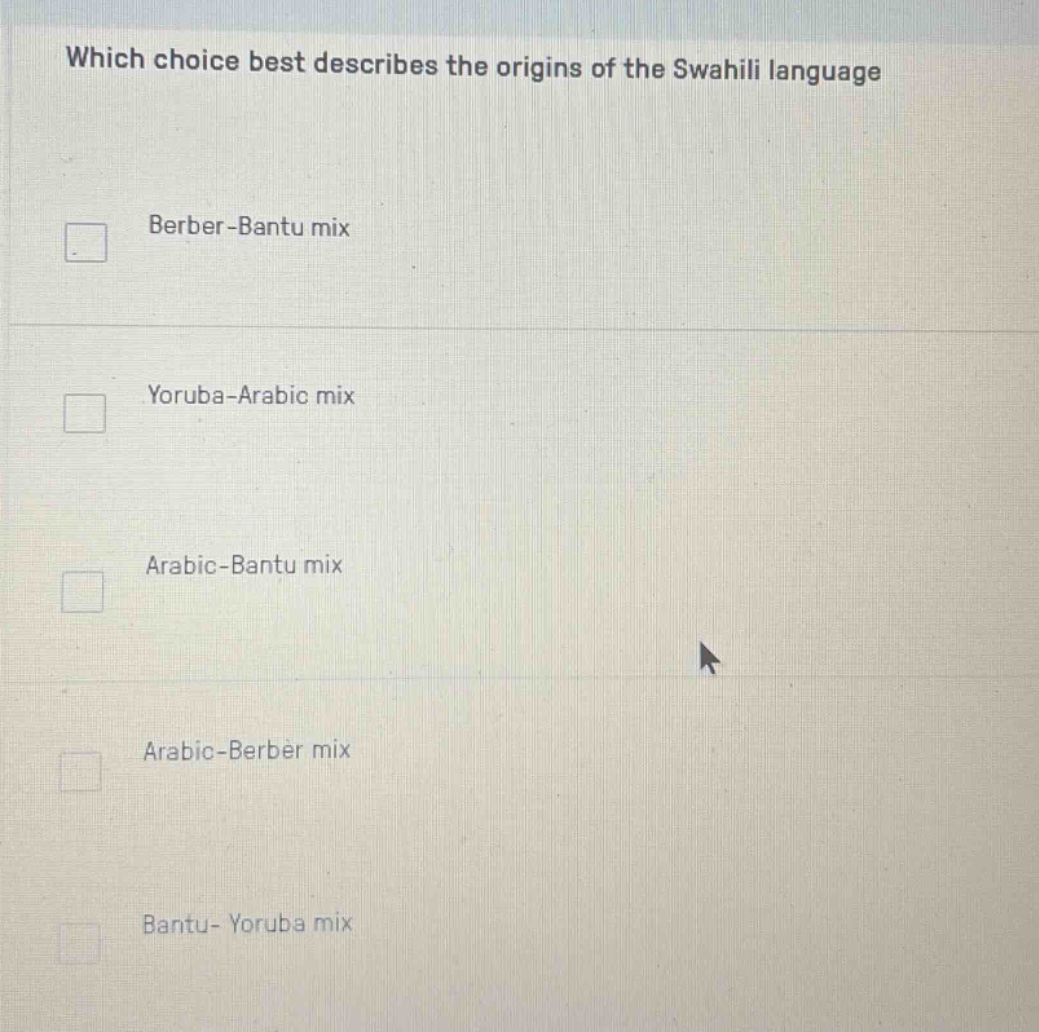 which choice best describes the origins of the swahili language berber-…