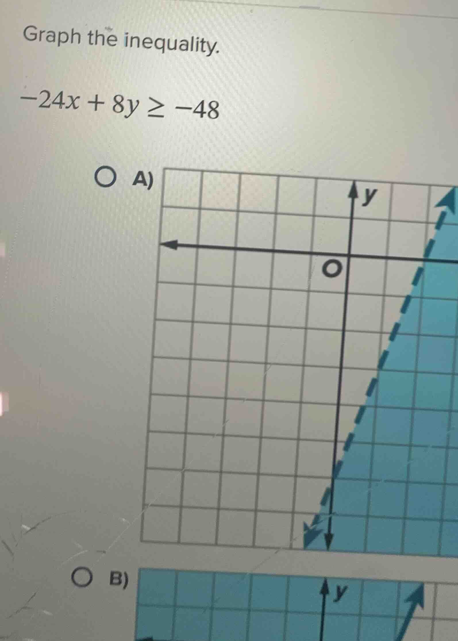 graph the inequality. $-24x + 8y \\geq -48$ a) b)