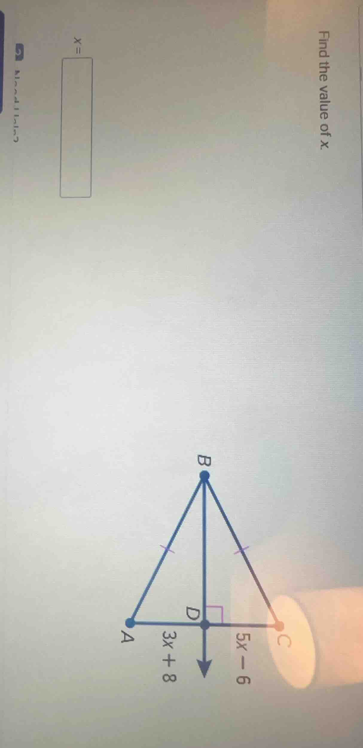 find the value of x. $x=\\boldsymbol{\\square}$ in the triangle: $ab=bc…