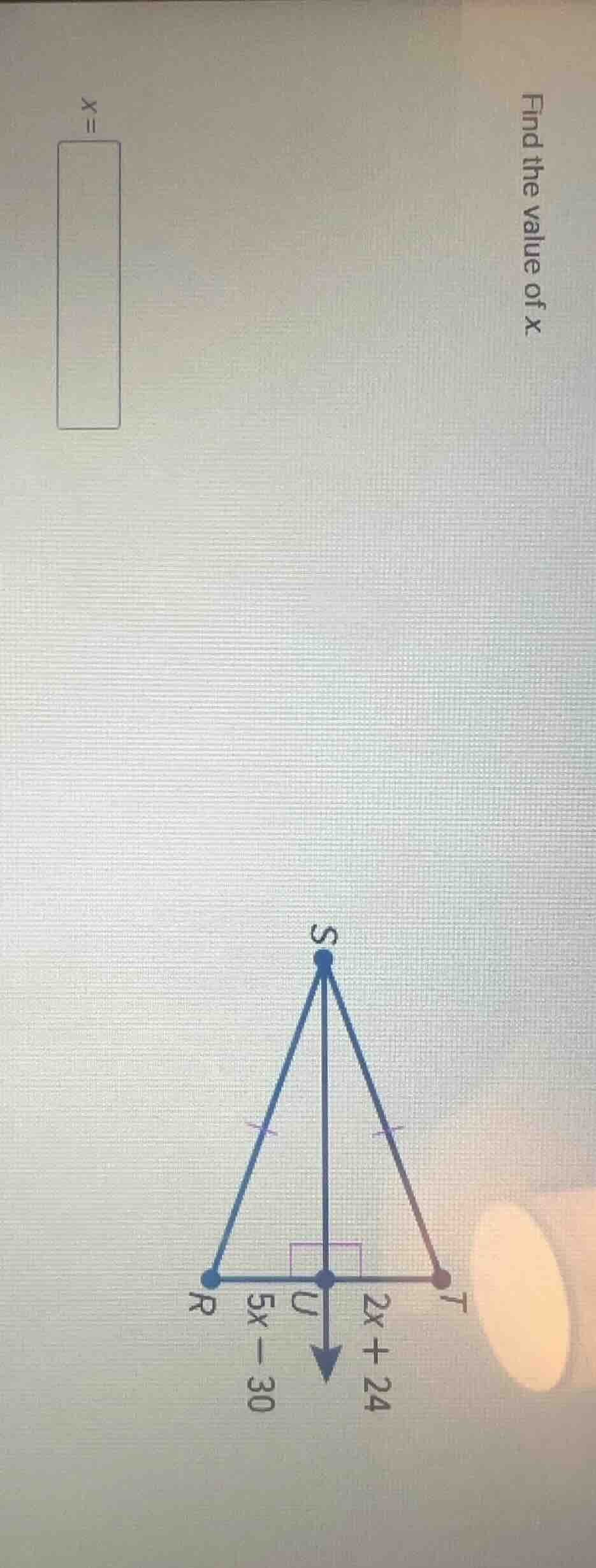 find the value of x $x = \\\\$ $5x-30$ $2x+24$