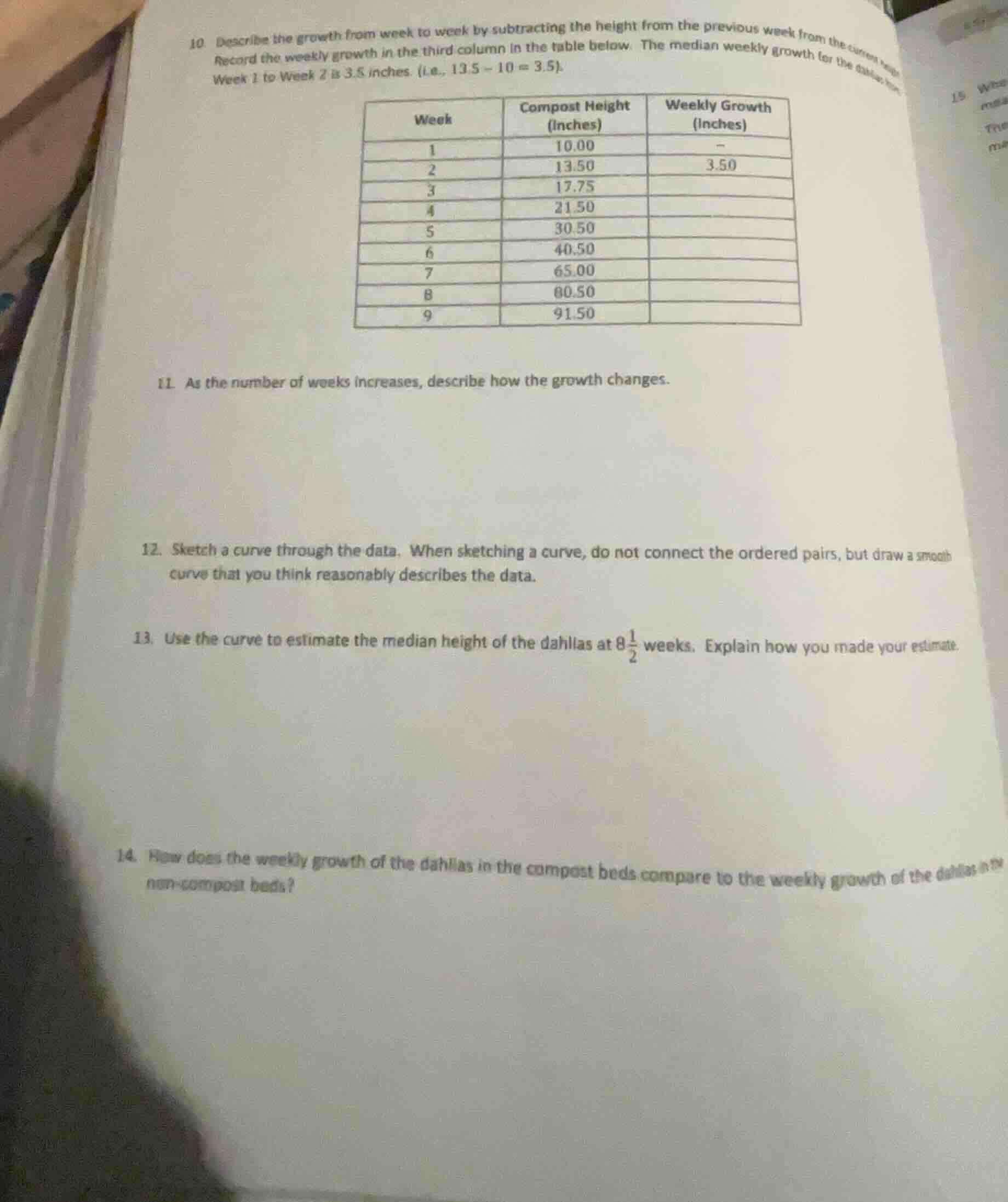 10. describe the growth from week to week by subtracting the height fro…