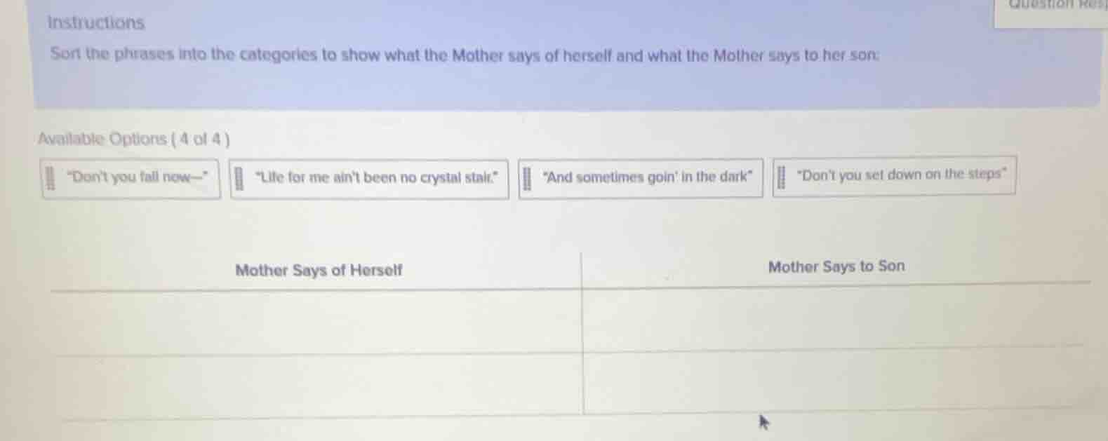 instructions sort the phrases into the categories to show what the moth…
