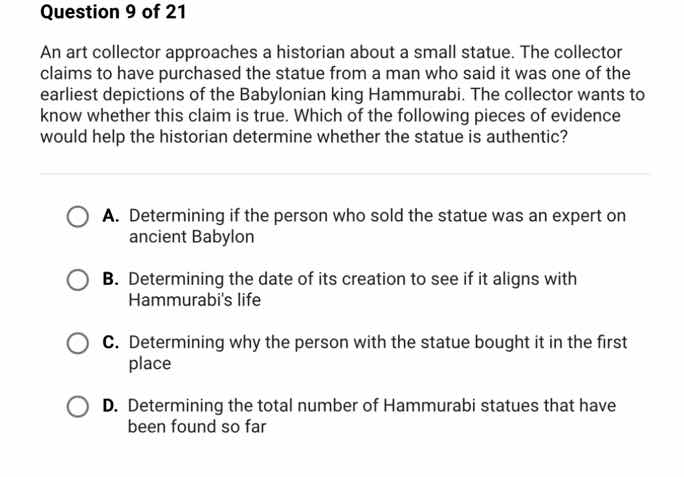 question 9 of 21 an art collector approaches a historian about a small …