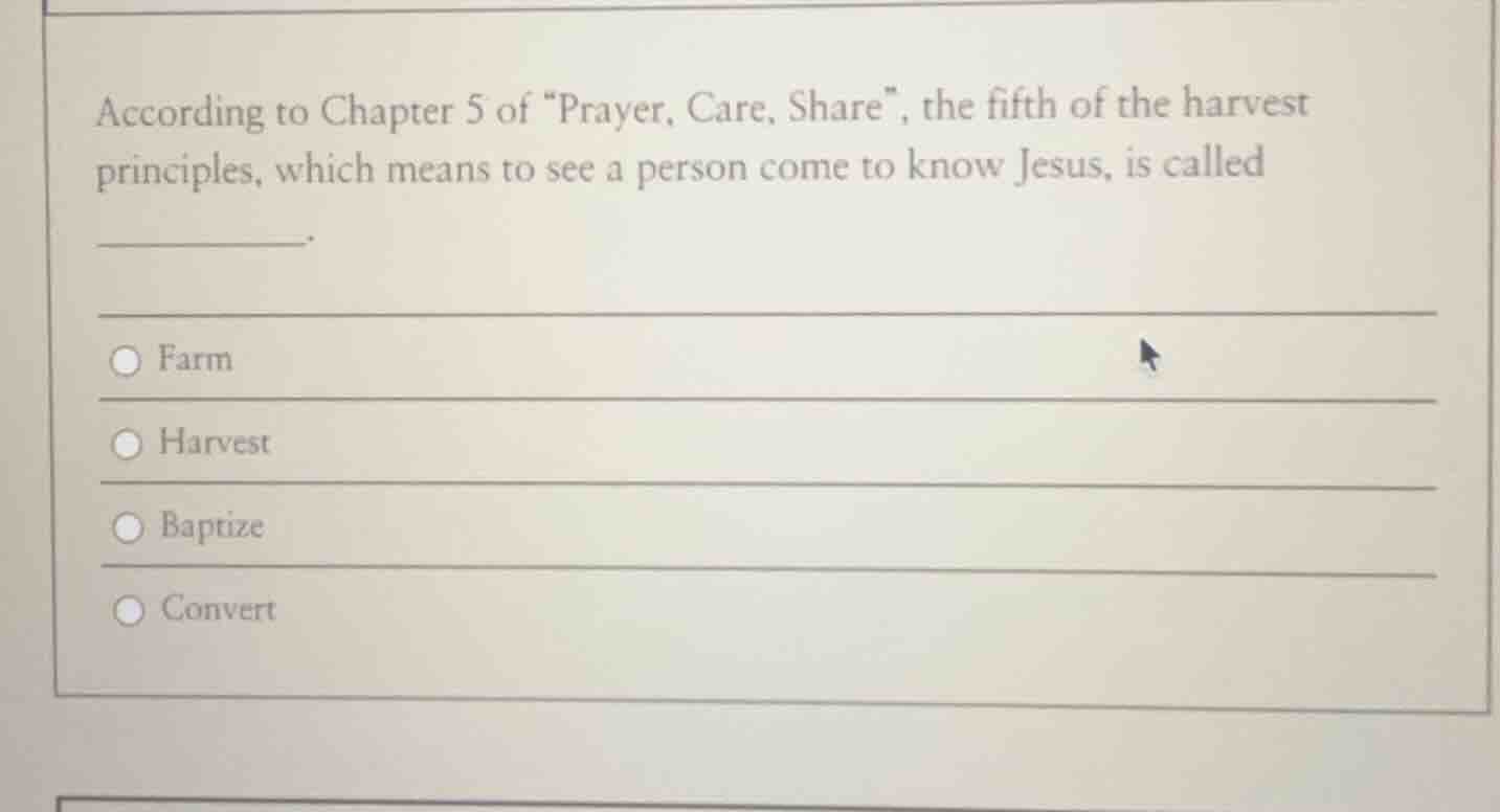 according to chapter 5 of \prayer, care, share\, the fifth of the harve…
