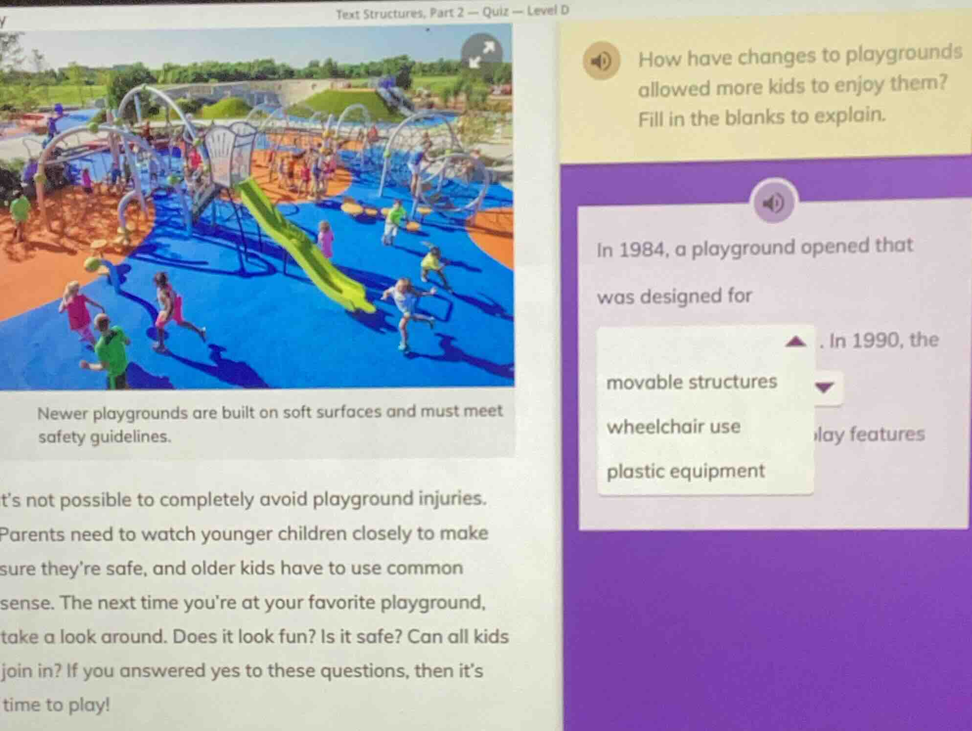 text structures, part 2 — quiz — level d how have changes to playground…