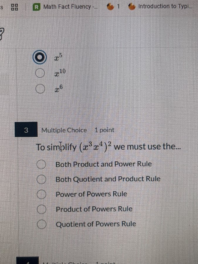 3 multiple choice 1 point to simplify $(x^{3}x^{4})^{2}$ we must use th…