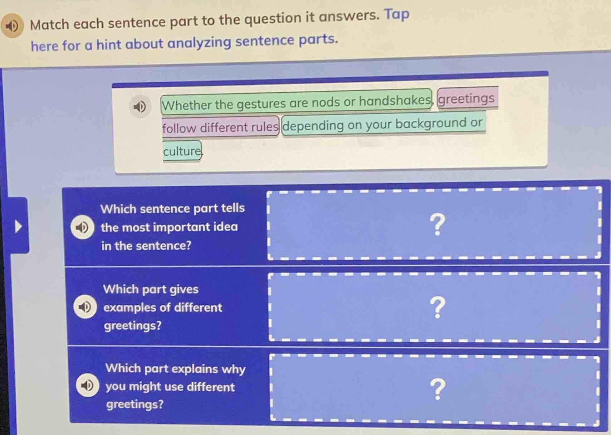 match each sentence part to the question it answers. tap here for a hin…