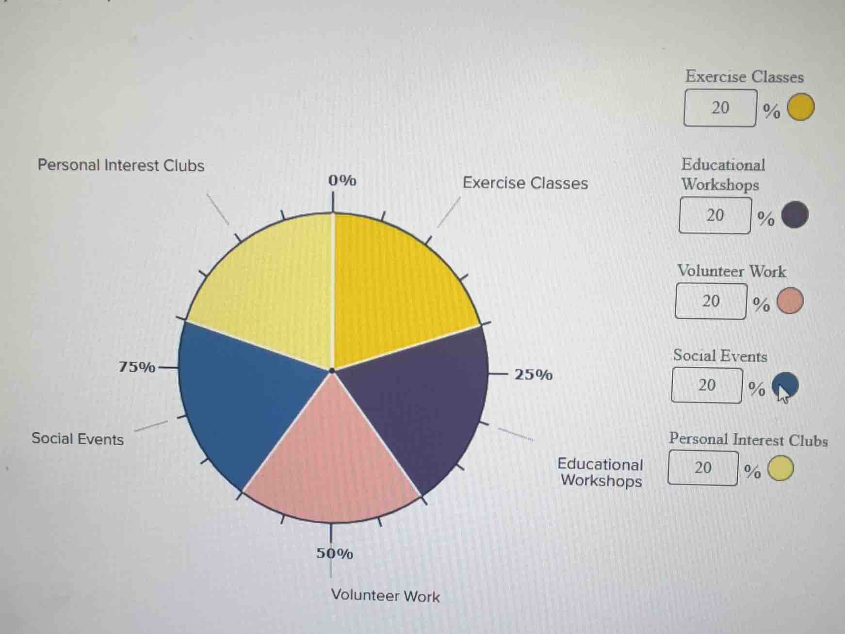 exercise classes 20 % educational workshops 20 % volunteer work 20 % so…
