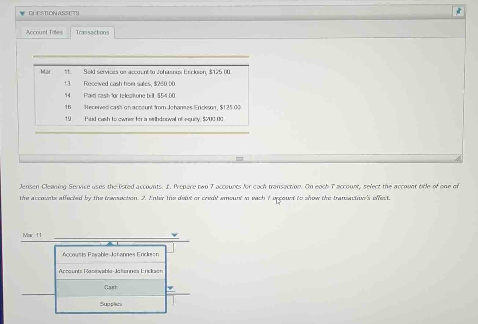 question assets account titles transactions mar. 11. sold services on a…
