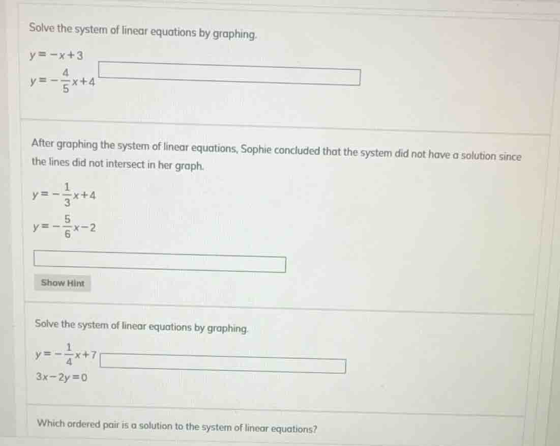 solve the system of linear equations by graphing.$y = -x + 3$$y = -\fra…