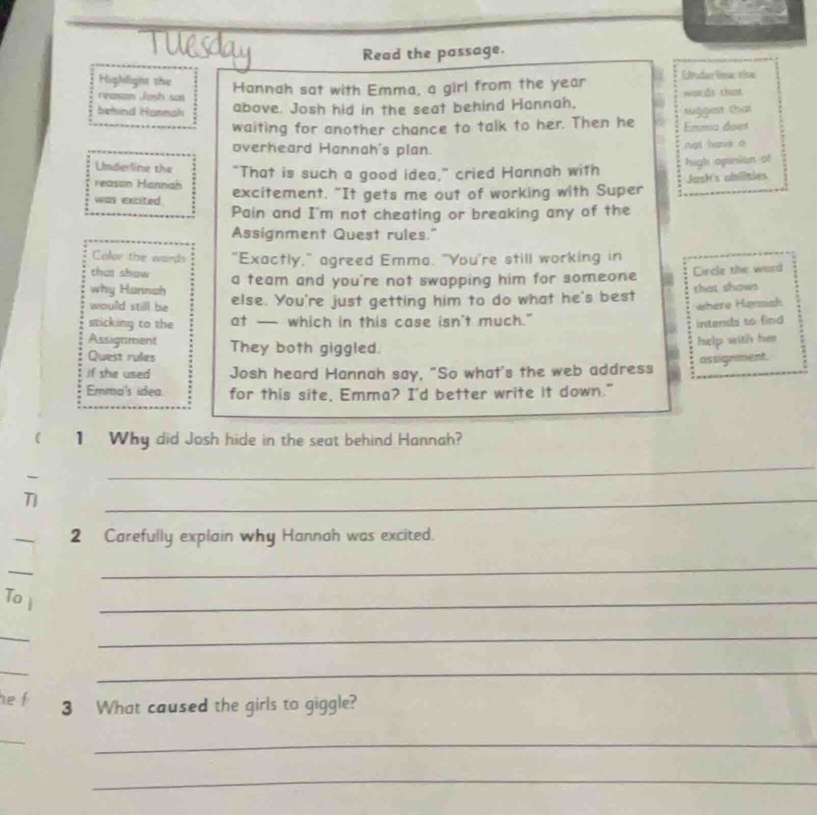 tuesdayread the passage.highlight the reason josh sat behind hannahunde…