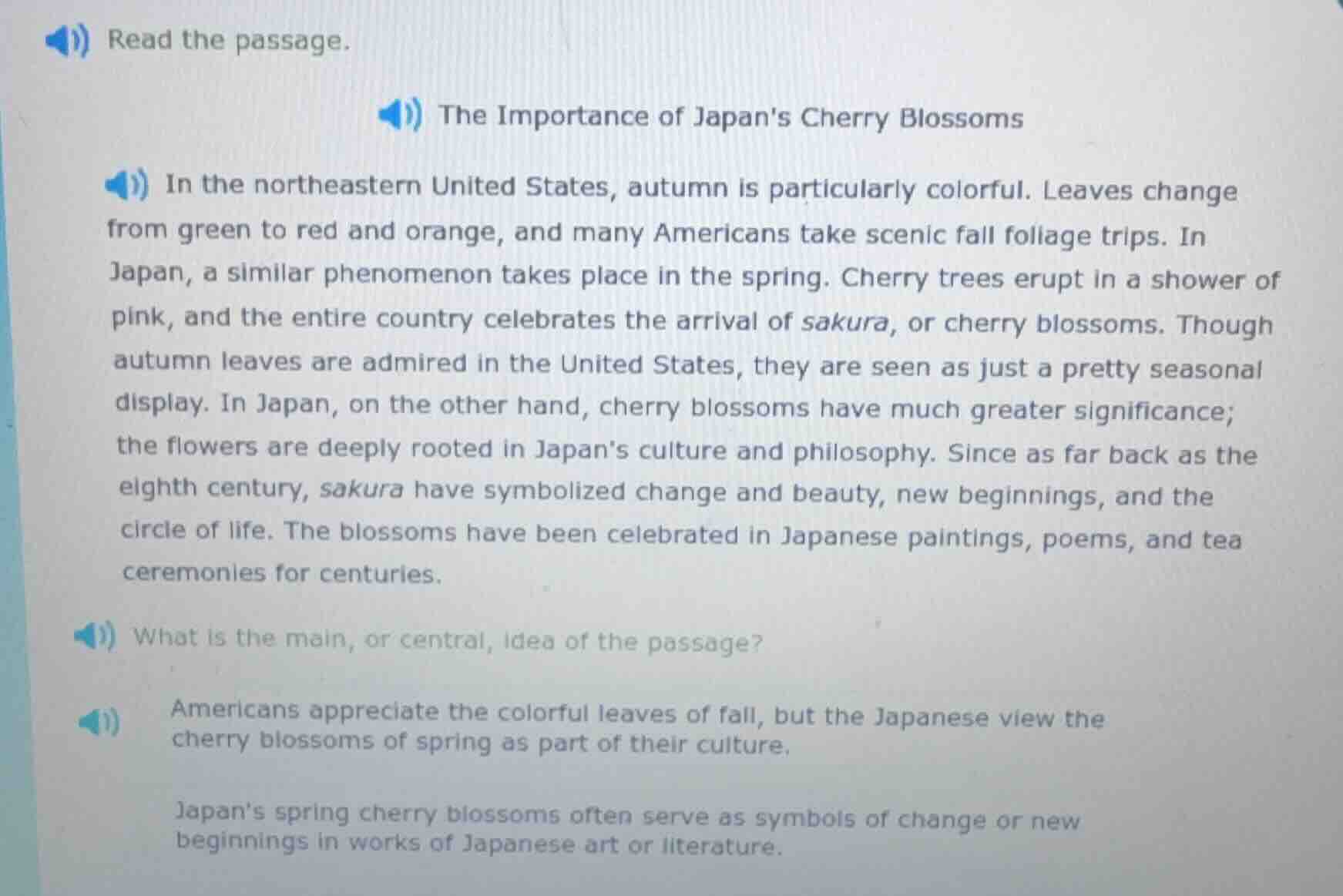 read the passage. the importance of japans cherry blossoms in the north…