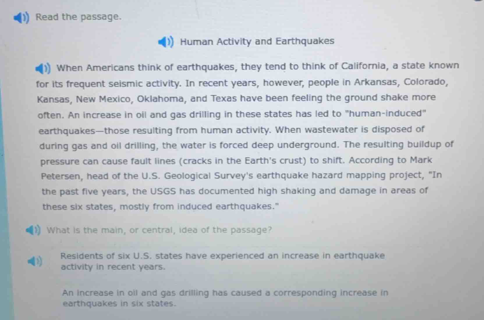 read the passage. human activity and earthquakes when americans think o…