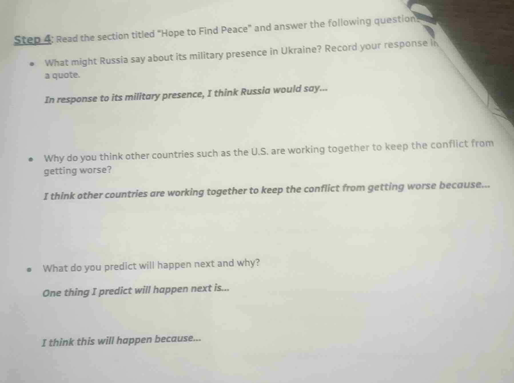 step 4: read the section titled \hope to find peace\ and answer the fol…