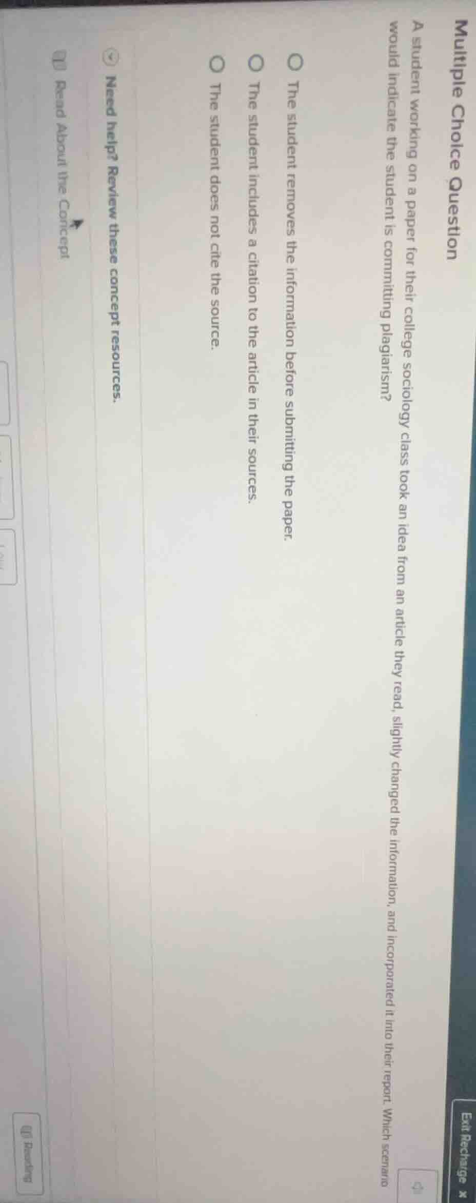 multiple choice question a student working on a paper for their college…