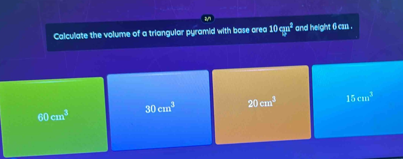 calculate the volume of a triangular pyramid with base area $10\\ \\tex…