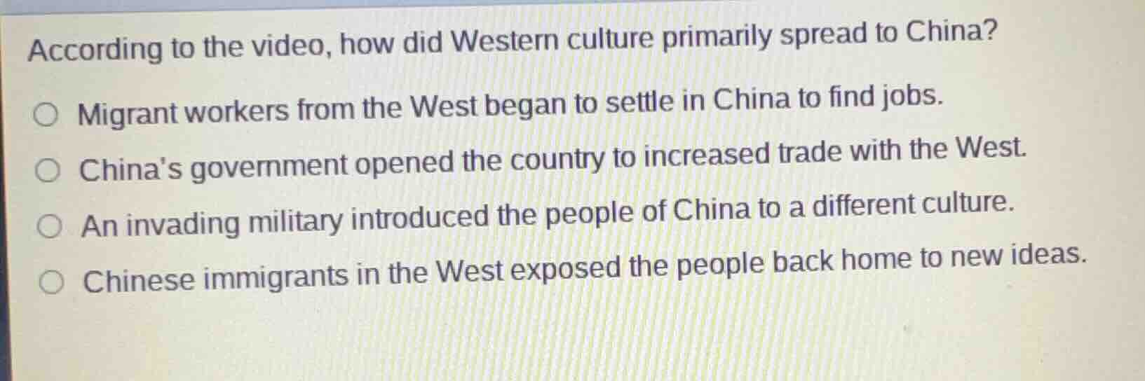 according to the video, how did western culture primarily spread to chi…