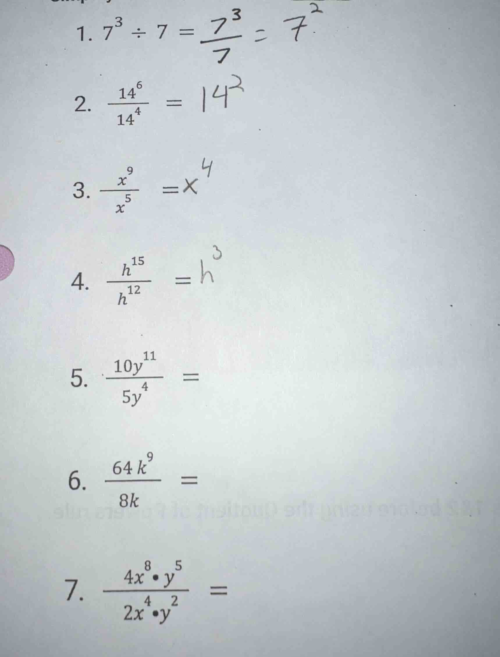 1. $7^{3} \\div 7 = \\frac{7^{3}}{7} = 7^{2}$ 2. $\\frac{14^{6}}{14^{4}…