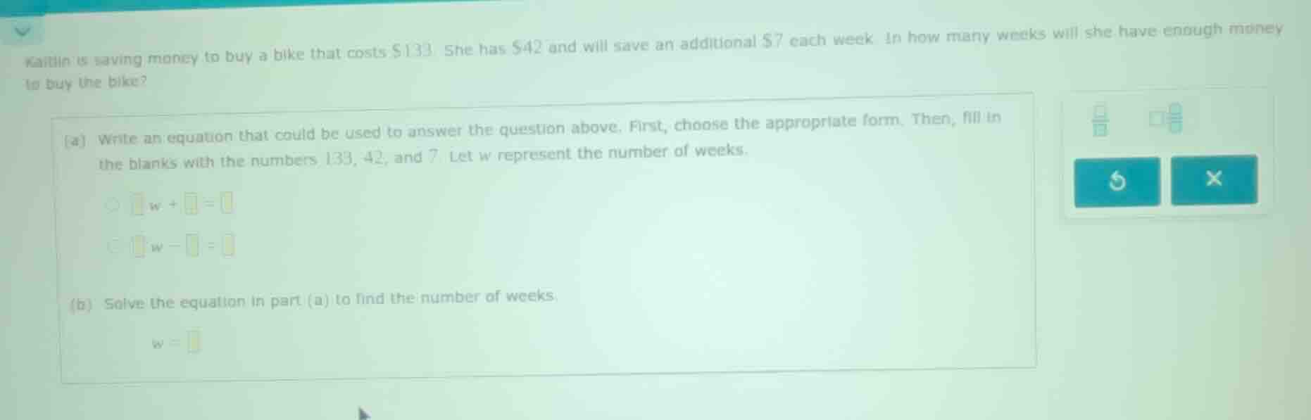 kaitlin is saving money to buy a bike that costs $133. she has $42 and …