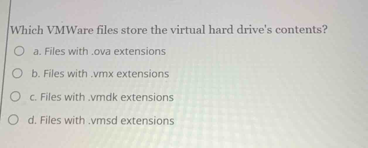 which vmware files store the virtual hard drives contents? a. files wit…