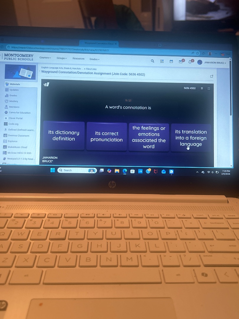 wayground connotation/denotation assignment (join code: 5636 4502)18/20…
