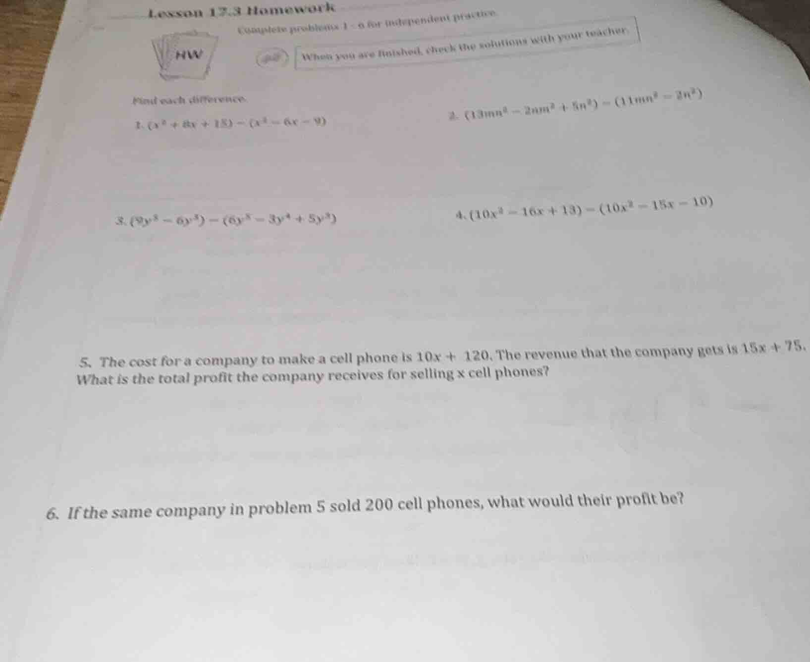 lesson 17.3 homework complete problems 1 - 6 for independent practice. …