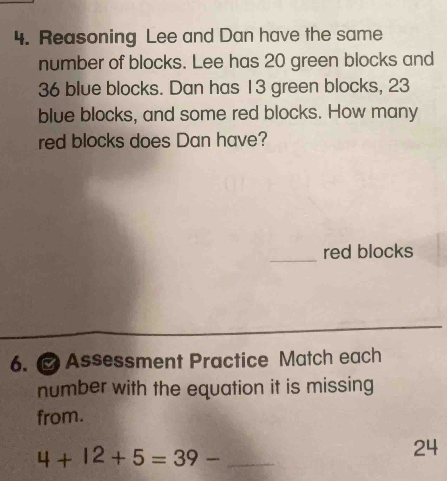 4. reasoning lee and dan have the same number of blocks. lee has 20 gre…