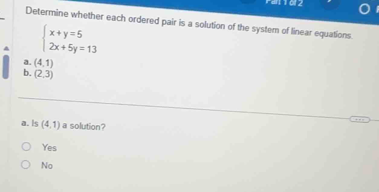 determine whether each ordered pair is a solution of the system of line…
