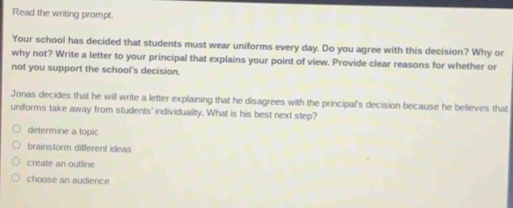 read the writing prompt. your school has decided that students must wea…