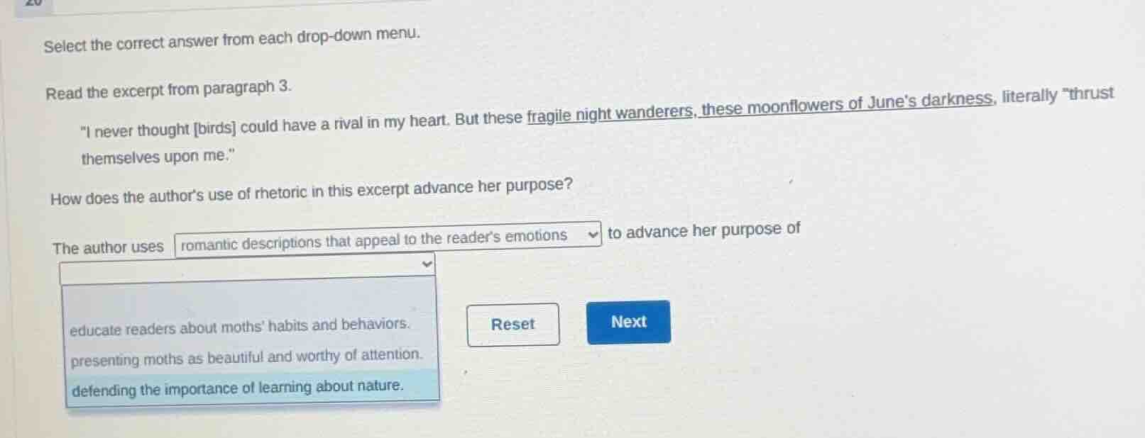 20 select the correct answer from each drop-down menu. read the excerpt…