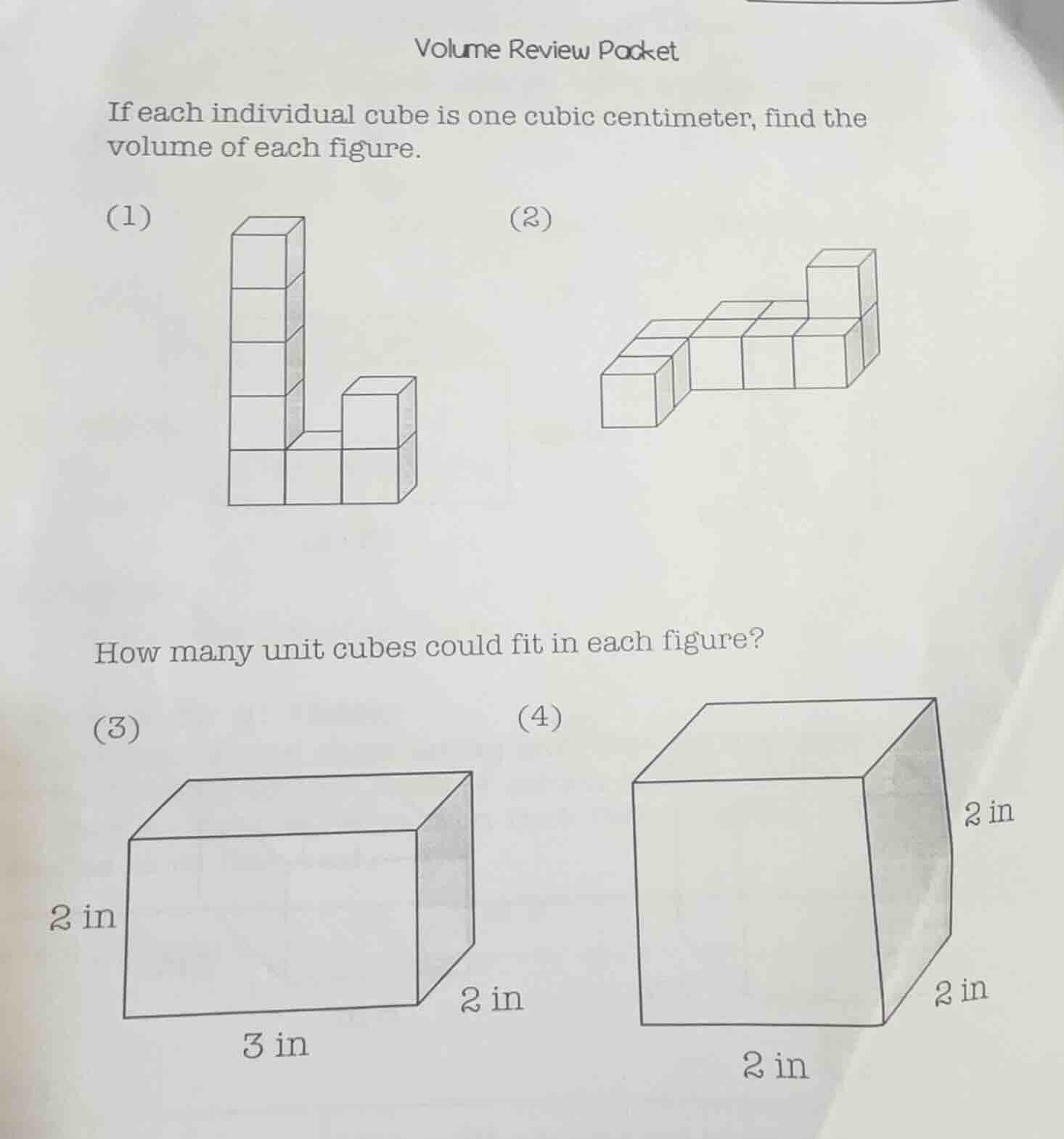 volume review packet if each individual cube is one cubic centimeter, f…