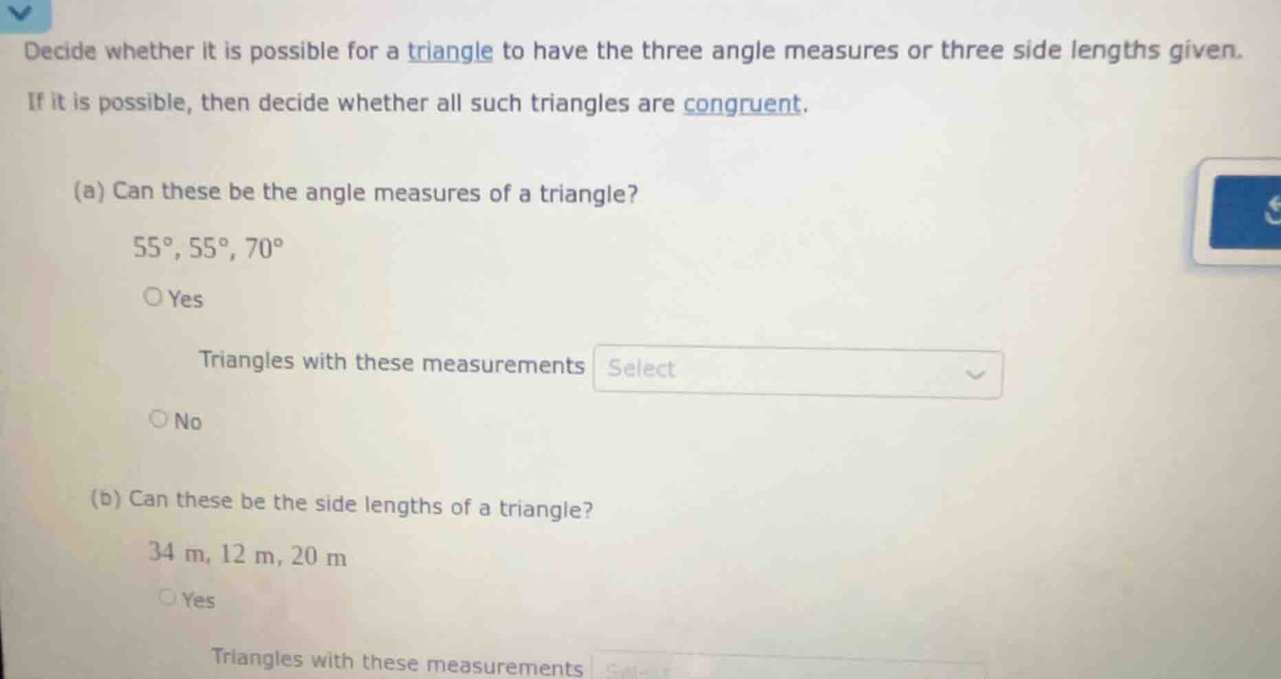 decide whether it is possible for a triangle to have the three angle me…