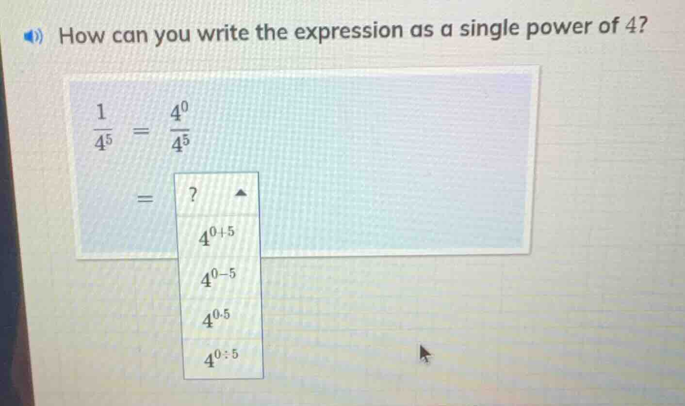 how can you write the expression as a single power of 4? $\frac{1}{4^5}…