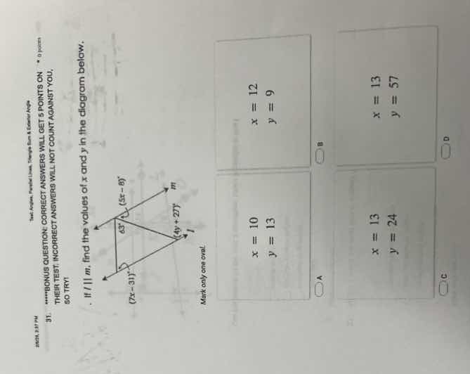 31. if $l \\parallel m$, find the values of $x$ and $y$ in the diagram …