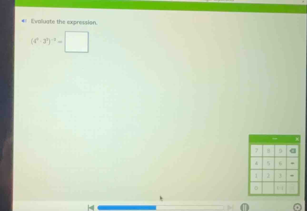 evaluate the expression. $(4^{0} \\cdot 3^{2})^{-2} = \\square$
