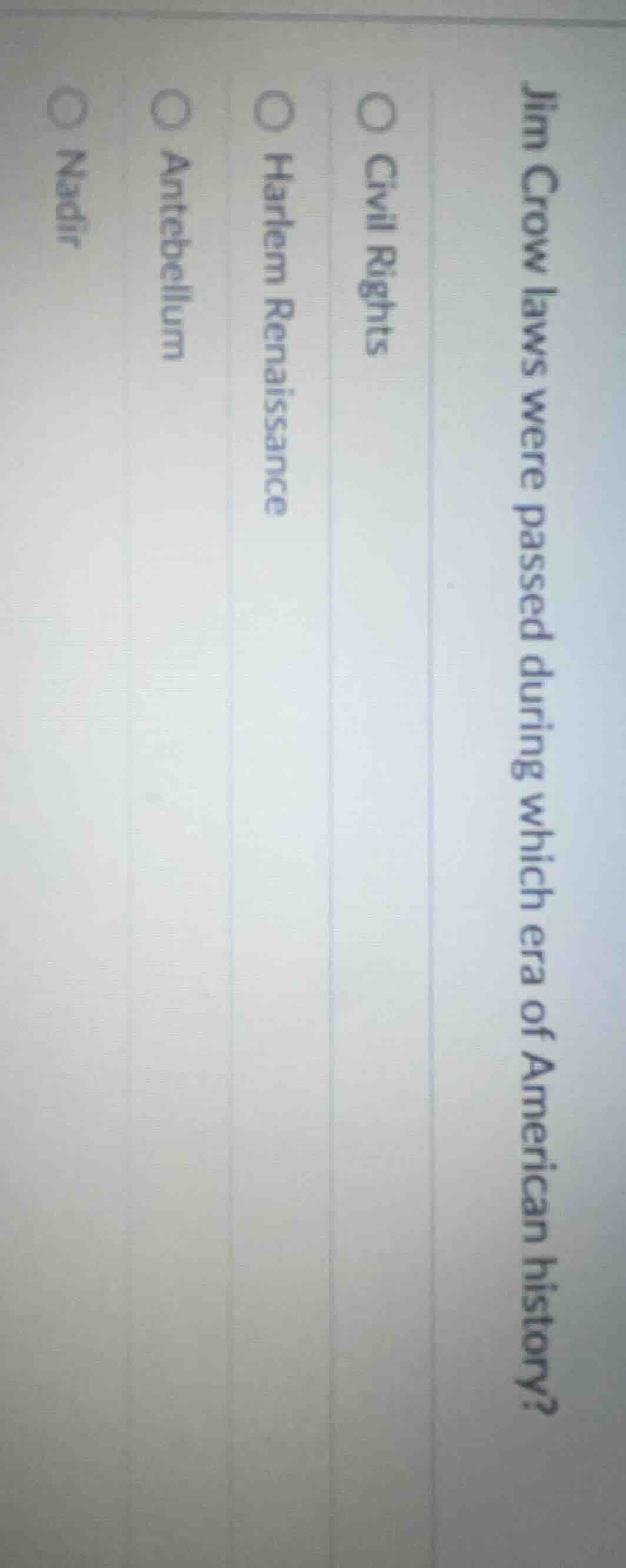 jim crow laws were passed during which era of american history?○ civil …