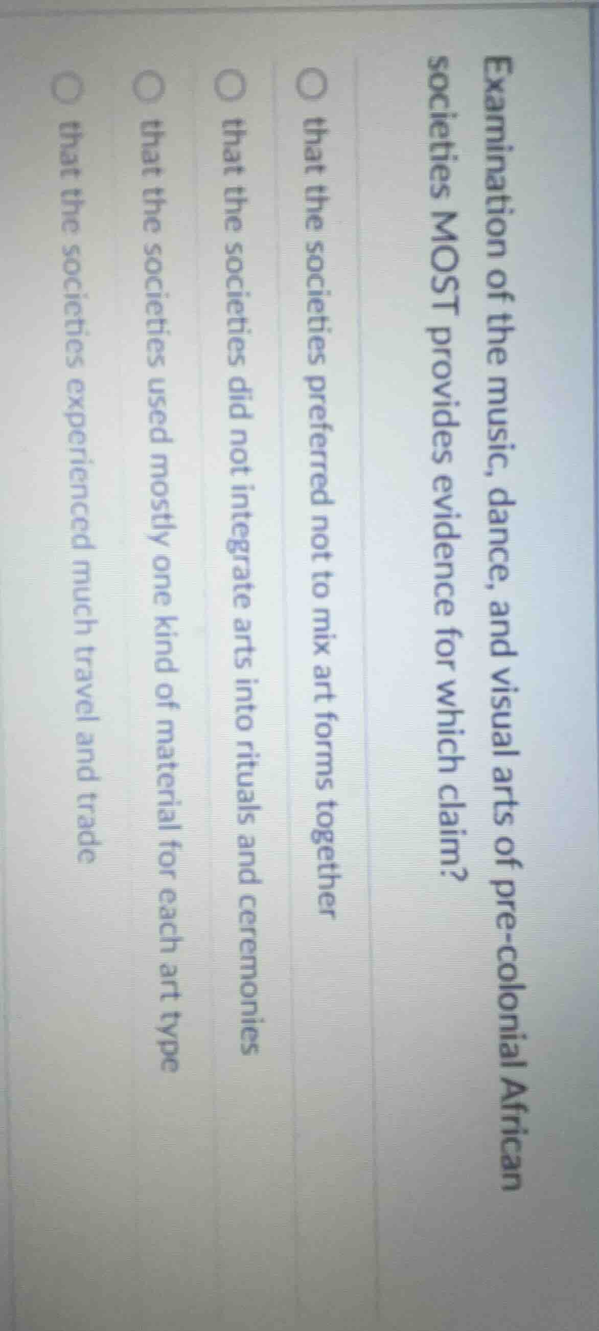 examination of the music, dance, and visual arts of pre-colonial africa…