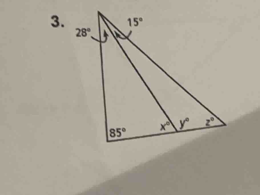 3. 28° 15° 85° $x^\\circ$ $y^\\circ$ $z^\\circ$