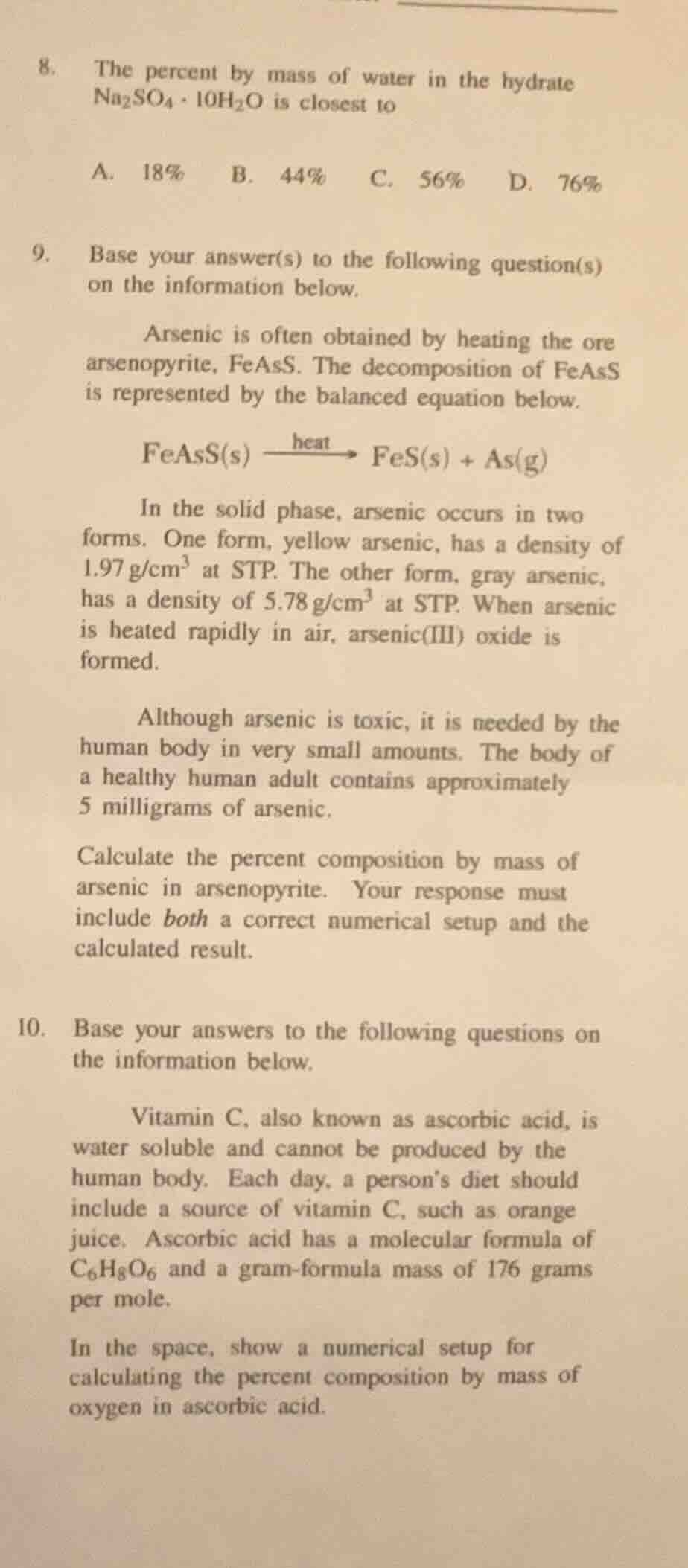 8. the percent by mass of water in the hydrate $ce{na_{2}so_{4}cdot 10h…